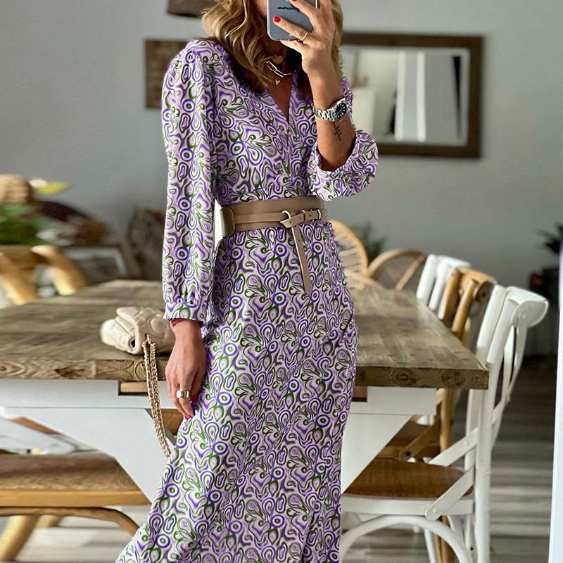 V-neck long-sleeved bohemian style print dress NSONF136975