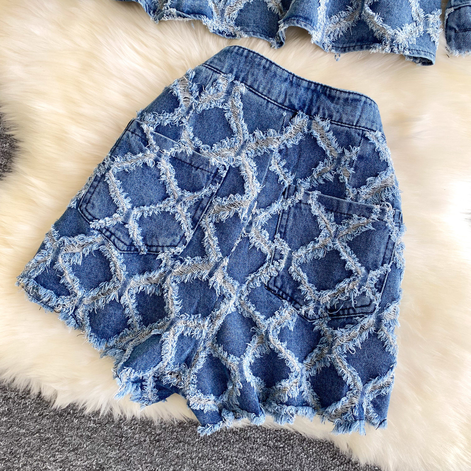 Women's Denim Shirt And Shorts Set Diamond Pattern Frayed Edge_voghion.com