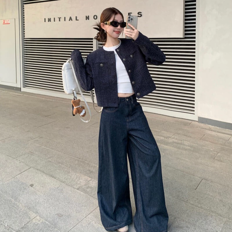 Women's Autumn Jacket, chanel-style tweed, dark blue, cropped elegant western look, sizes S–XXL