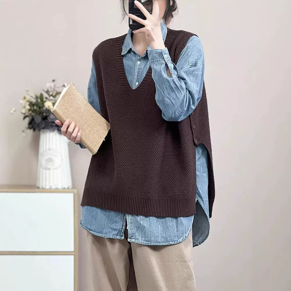 春秋小众设计感侧开叉马甲上衣女时尚文艺复古风宽松V领针织背心