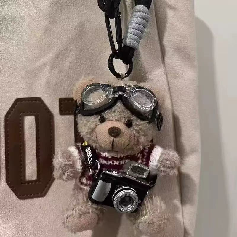 카메라 곰돌이 걸이 가방 장식 털실 인형 천 피규어 커플 열쇠고리 아이디