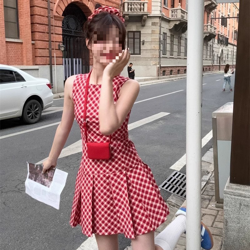 i甜辣妹风格纹无袖背心连衣裙女夏季新款法式复古百褶A字裙短裙子|undefined
