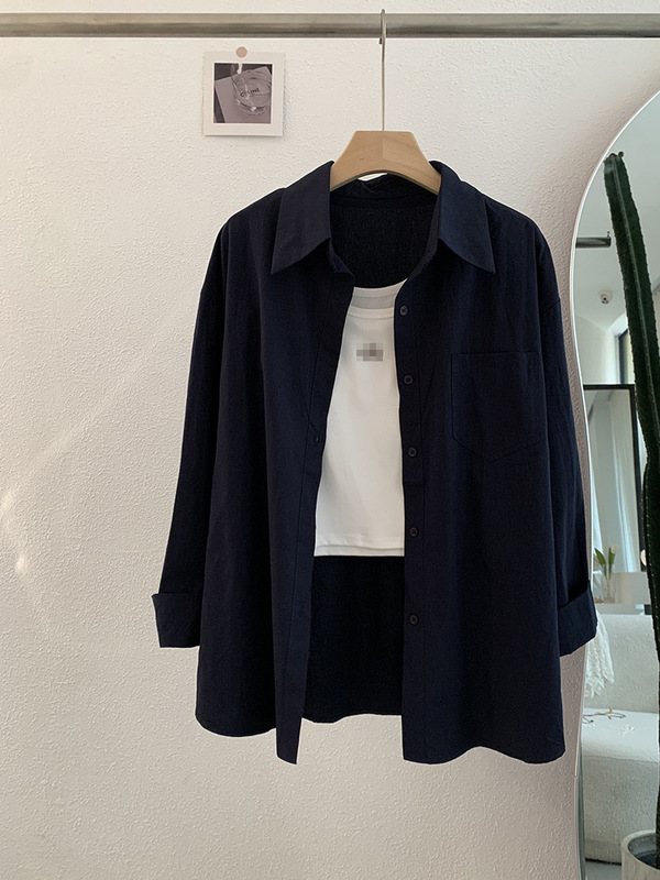 Omalai 無地ラペルシングルブレストミドル丈ルーズ長袖シャツ+レター刺繍ベストセット 4026|undefined