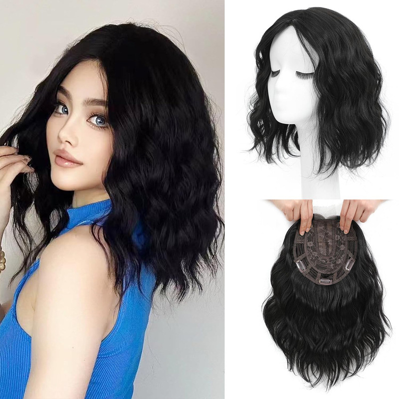 Cross-Border European and American Synthetic Fiber Lace Front Wavy Wig with Middle Part Bangs, Short Curly Hair Replacement Piece for Foreign Trade Cross-Border European and American Synthetic Fiber Lace Front Wavy Wig with Middle Part Bangs, Short Curly Hair Replacement Piece for Foreign Trade