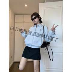 美式复古百搭翻领长袖夹克外套女装早春蓝色短款宽松休闲显瘦上衣