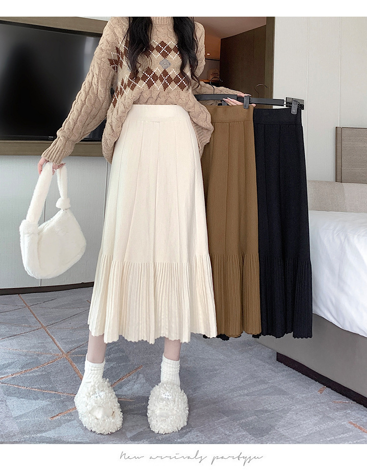 Pleated Knitted Skirt Women'S Autumn And Winter New Fashion High Waist Korean Version Casual And Thin Big Swing Skirt A-Shaped Skirt Umbrella Skirt 24 Undefined