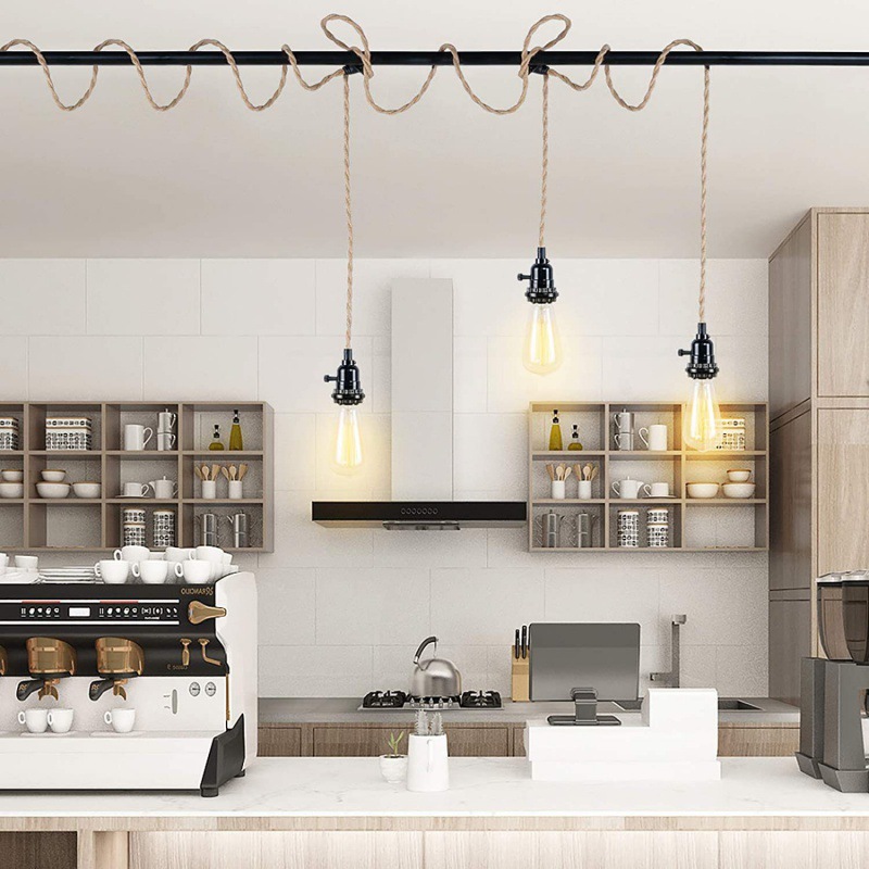 工业DIY项目厨房咖啡吧台带独立开关三头麻绳装饰复古悬挂吊灯