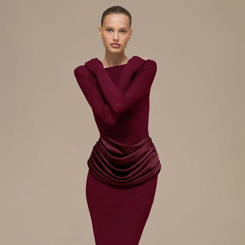 2025 transfronterizo Europa y América ropa de mujer otoño y invierno nuevo temperamento de color sólido mangas largas plegadas delgadas bolsas de cadera vestido largo para mujeres