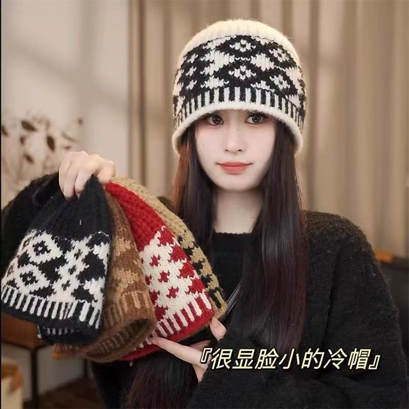 秋冬爆款菱格毛线帽韩版百搭防风保暖帽子女复古包头帽显脸小冷帽|undefined