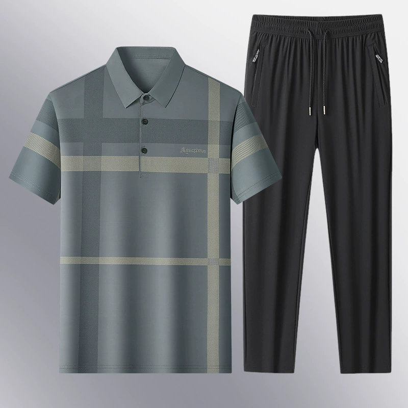 Костюмы для среднего и пожилого возраста, быстросохнущие рубашки-поло с лацканами для папы, брюки с короткими рукавами, летние повседневные костюмы из ледяного шелка из двух частей.