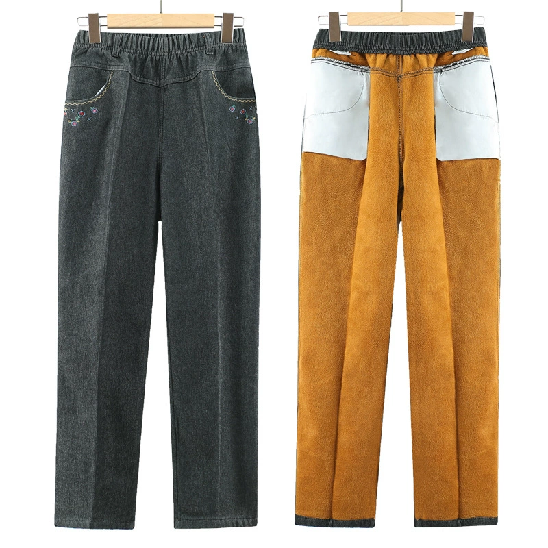 Свободные прямые брюки для женщин среднего и пожилого возраста с эластичной завышенной талией на флисовой подкладке, осенне-зимние теплые джинсы больших размеров для мам