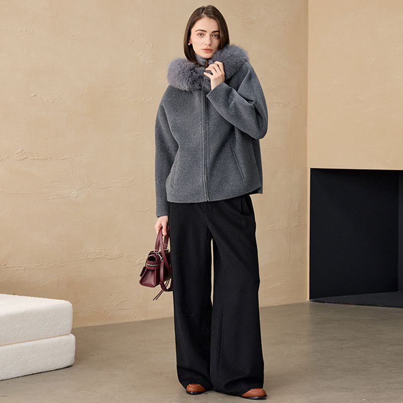 2025秋冬连帽大衣狐狸毛领休闲羊驼毛外套小个子双面呢羊毛大衣女