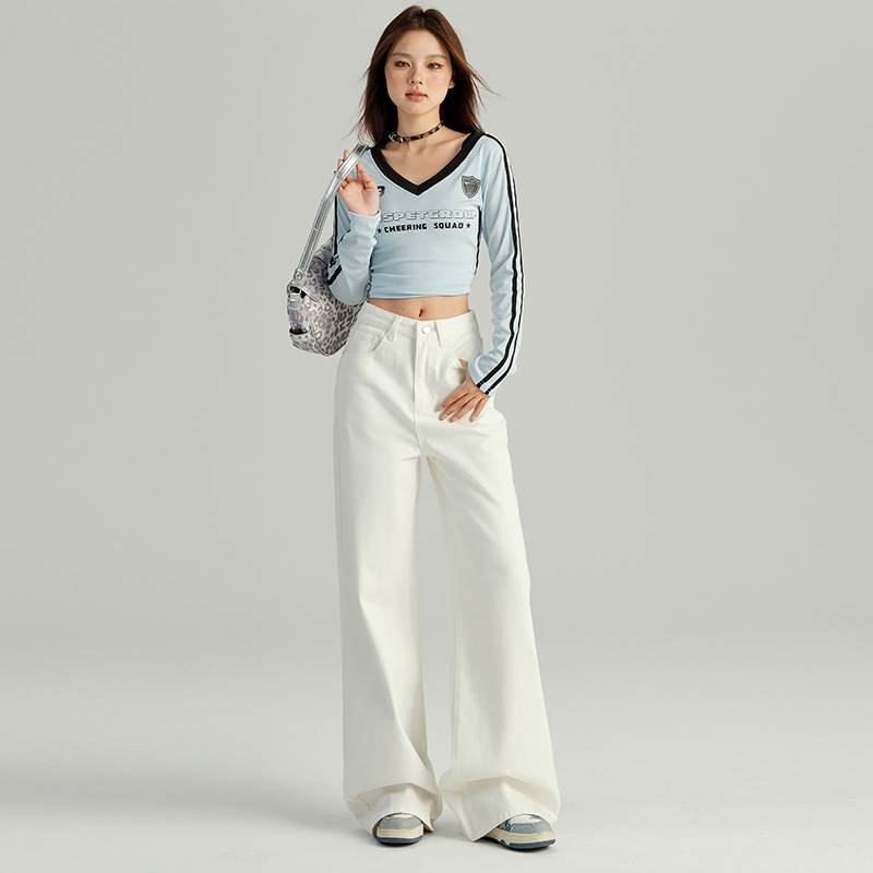 Jean blanc taille haute à jambes larges et amples pour femme, couvrant les hanches et amincissant, coupe droite, opaque, style printemps-automne_voghion.com