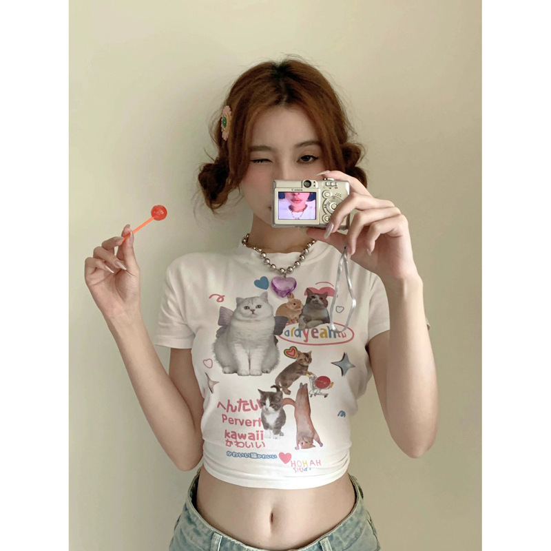 Internet Celebrity Hot Girl Short-Sleeve T-Shirt for Women, 2026 Summer New Style, Cute Cat Sweet and Spicy Style, Cropped Pure Desire White Top Internet Celebrity Hot Girl Short-Sleeve T-Shirt for Women, 2026 Summer New Style, Cute Cat Sweet and Spicy Style, Cropped Pure Desire White Top