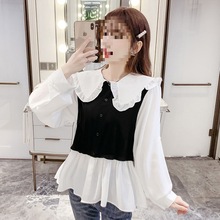 甜美娃娃领衬衫女秋装新款设计感小众收腰长袖上衣假两件衬衣