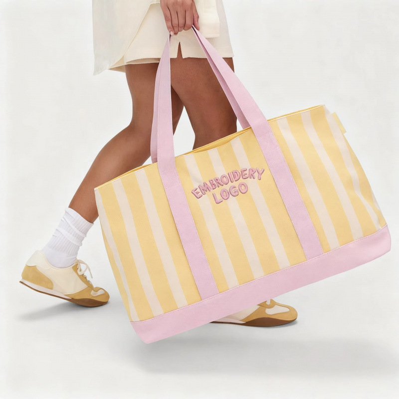 2626 Summer New Fashion Large Capacity Women's Canvas Beach Tote Bag Striped Cotton Shopping Beach Handbag