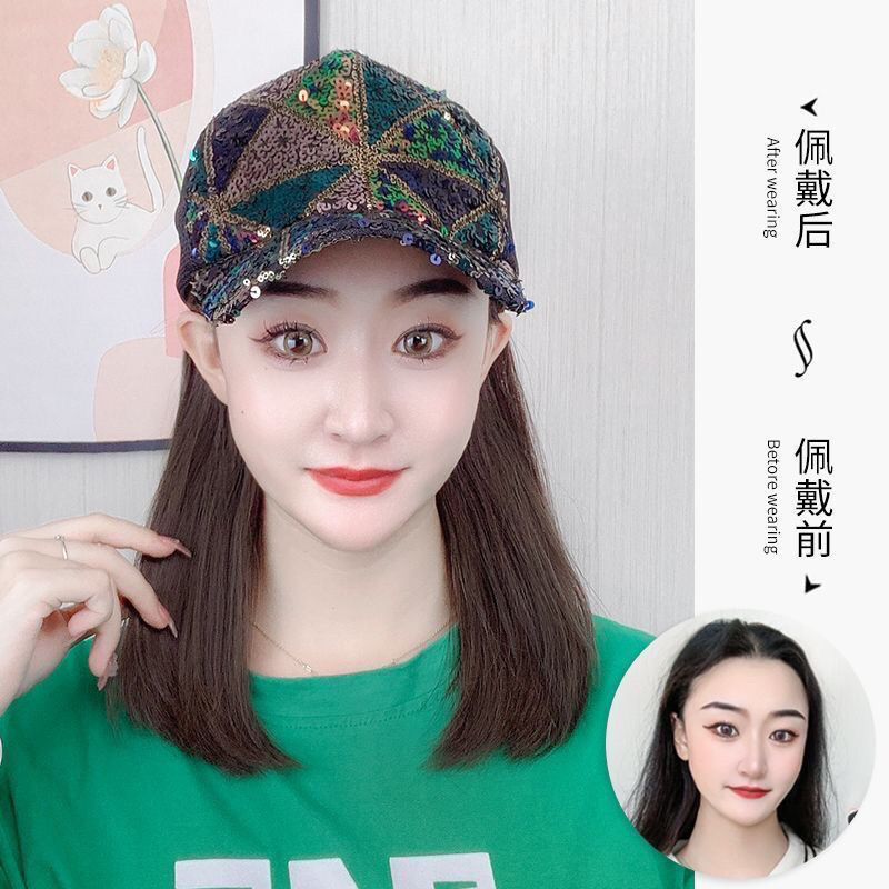 Sombrero y peluca todo en uno moda mujer versátil cara que muestra pequeños pelo corto y rizado sombrero para el sol estilo deportivo protección solar gorra de béisbol con lentejuelas