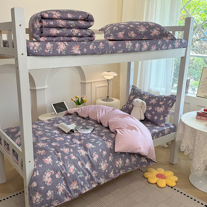 Juego de cama de dormitorio de estudiantes universitarios de tres piezas de algodón puro algodón lavado de algodón sábana individual funda de edredón juego de cama de cuatro piezas