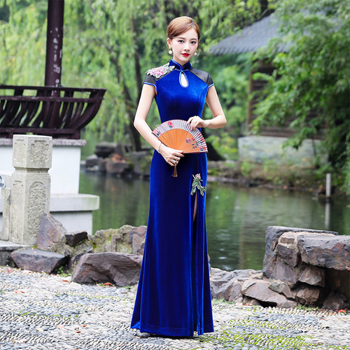 Red royal blue Annual meeting black Chinese Dresse retro qipaog velvet dress  retro performance shows Chinese