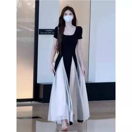 法式小众设计连衣裙女2026夏季新款高级感撞色A字裙修身显瘦长裙