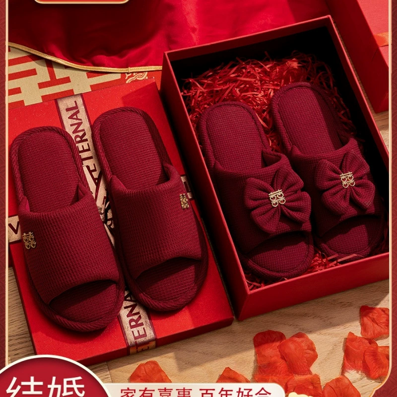 Красные тапочки для свадебных торжеств, пара молодоженов, приданое невесты, легкая роскошная свадьба, халат для свадебной пары, свадебная обувь.