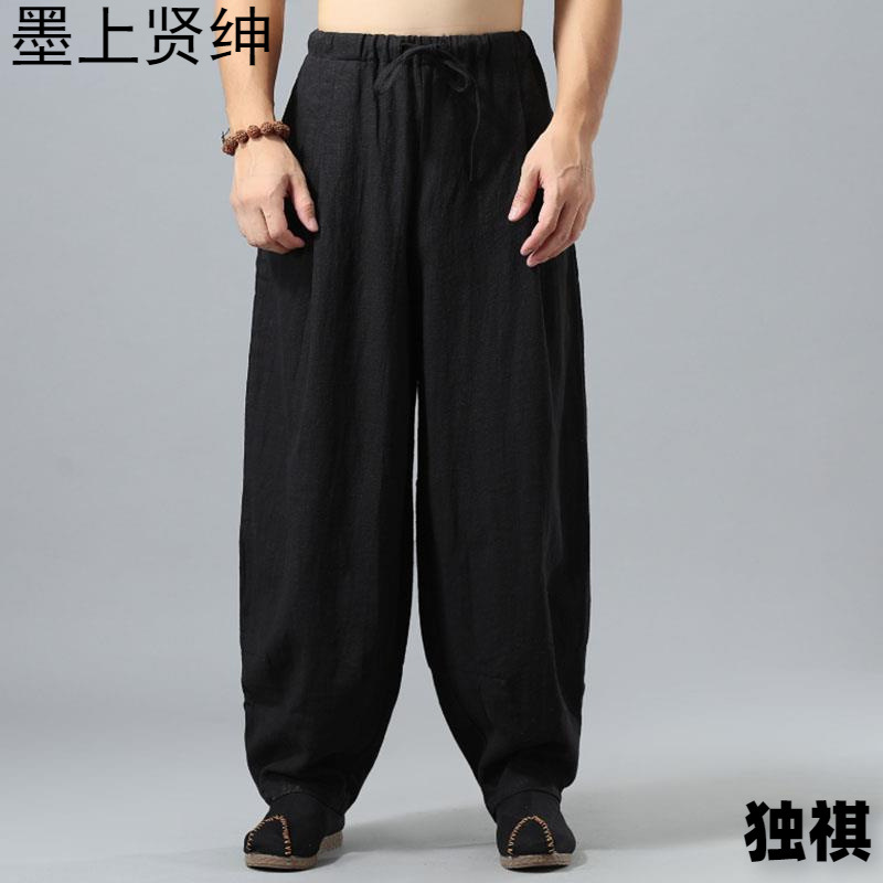 Meditación de verano de algodón y lino para hombres, ropa de lino de estilo étnico chino, pantalones largos de pierna ancha Zen, hombres