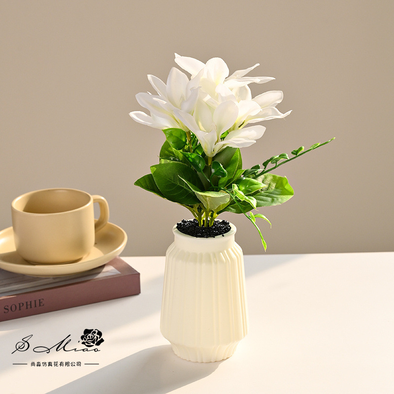 Bonsái de magnolia de cinco cabezas con estampado de seda, flor artificial para decoración del hogar y estudio, planta verde artificial, planta artificial en maceta