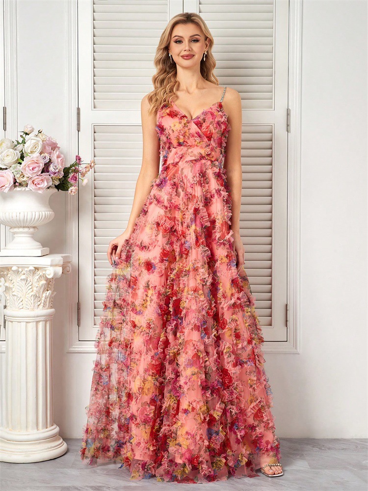 Europa y los Estados Unidos cruzaron la frontera nueva flor de chiffon vestido de noche banquete temperamento delgado cabina larga vestido de brindis
