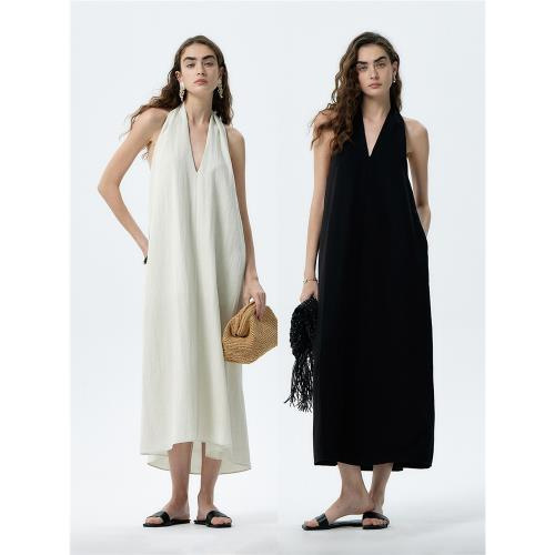 2026 European and American New Style Drapey Halter V-Neck Cotton and Linen Dress Loose A-Line Sleeveless Long Dress 2026 European and American New Style Drapey Halter V-Neck Cotton and Linen Dress Loose A-Line Sleeveless Long Dress