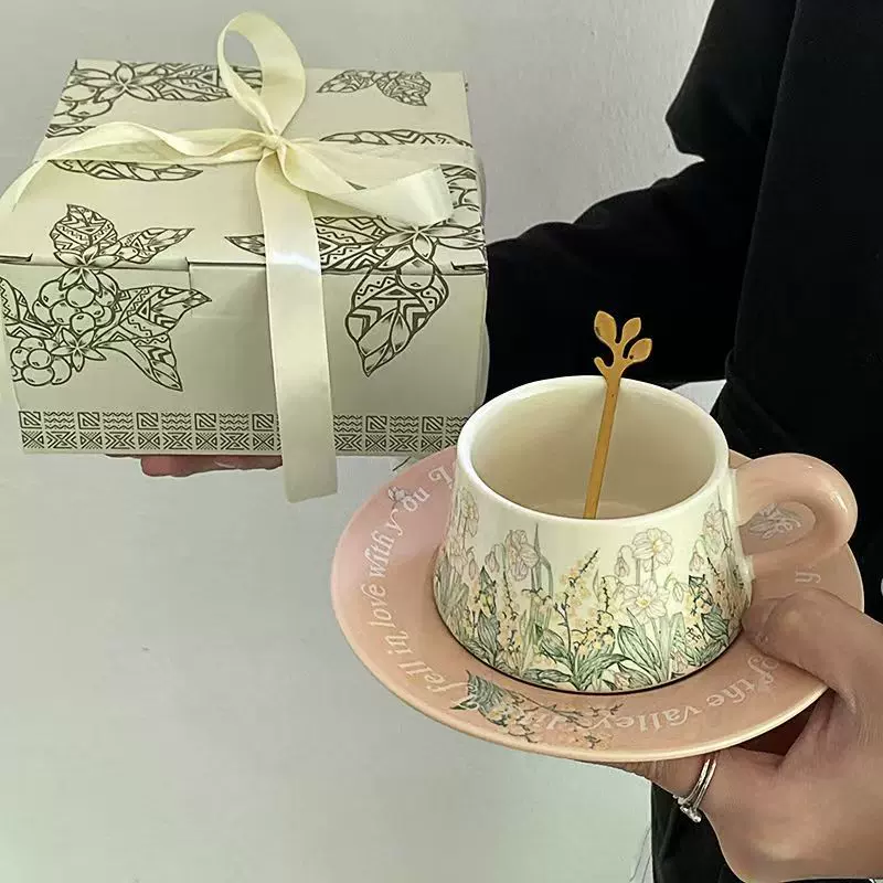 撞色油画风铃兰花咖啡杯下午茶杯子复古陶瓷杯碟套装女生伴手礼物