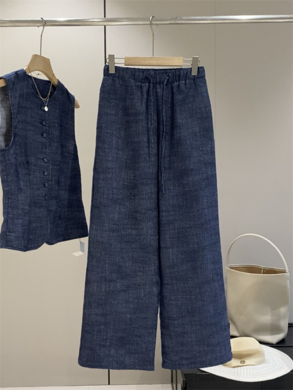 暖かい夏のオールドマネースタイル！春夏気質デニム50リネンノースリーブベスト弾性ハイウエストカジュアルパンツ女性用|undefined