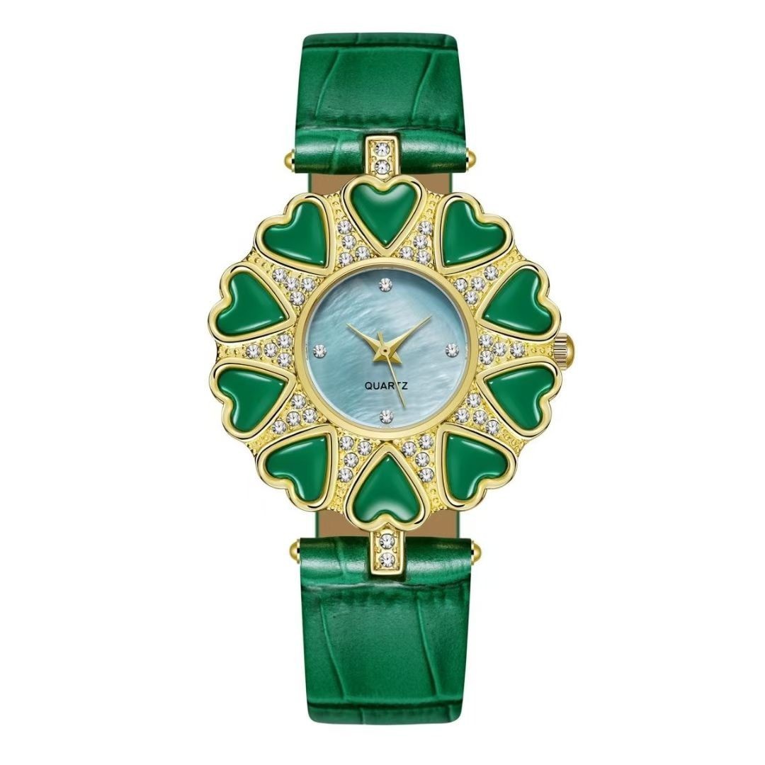 新款跨境外贸太阳花真皮手表时尚高级感简约镶仿玉石英腕表批发