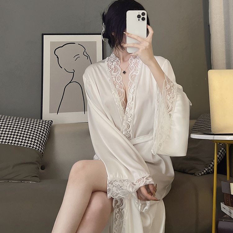 Noble and Elegant Nightgown, Sexy Ice Silk Pajamas for Women, Spring and Autum 2025 New Summer Pure Lust Lace Dressing Gown