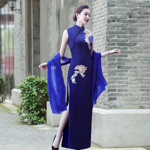 Royal blue with flowers chinese dresses qipao cheongsam dresses elegant split embroider cheongsam banquet long skirt stage costumes