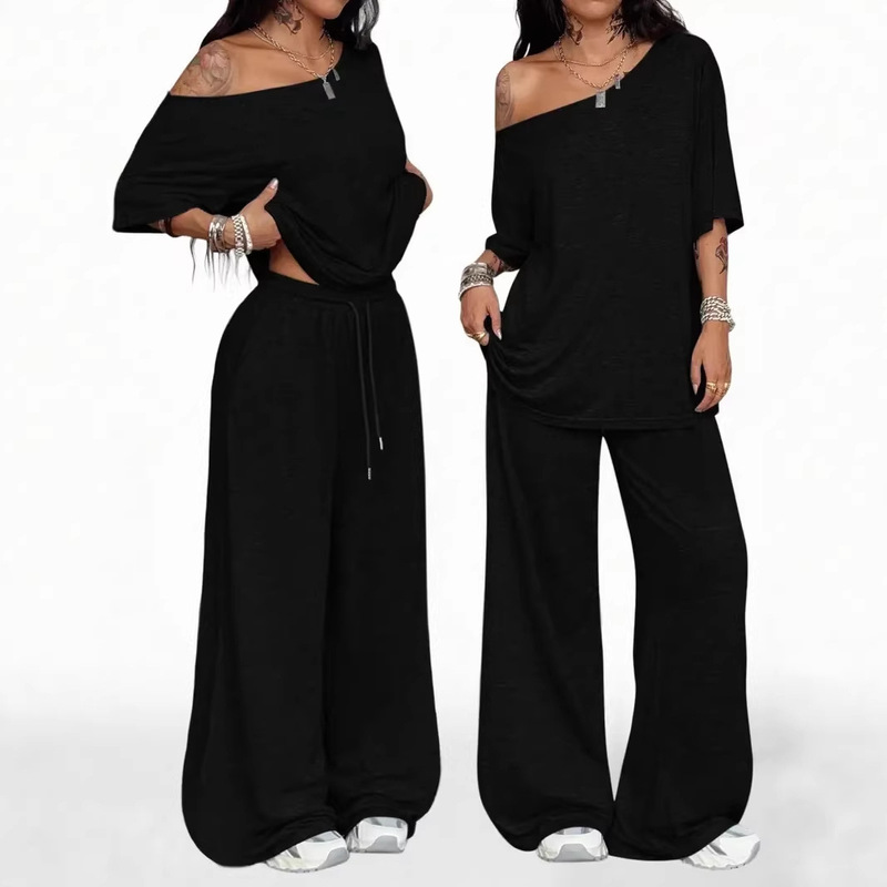 2026 European and American Cross-Border New Autumn and Winter Women's Casual Sports One-Shoulder Loose Two-Piece Set