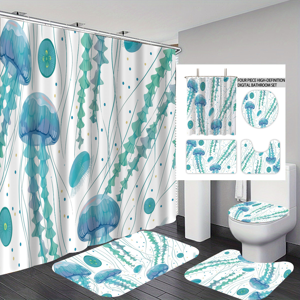 Temu cortina de baño impermeable personalizada serie de elementos marinos 3D impresión poliéster cortina de baño de cuatro piezas fábrica image 21