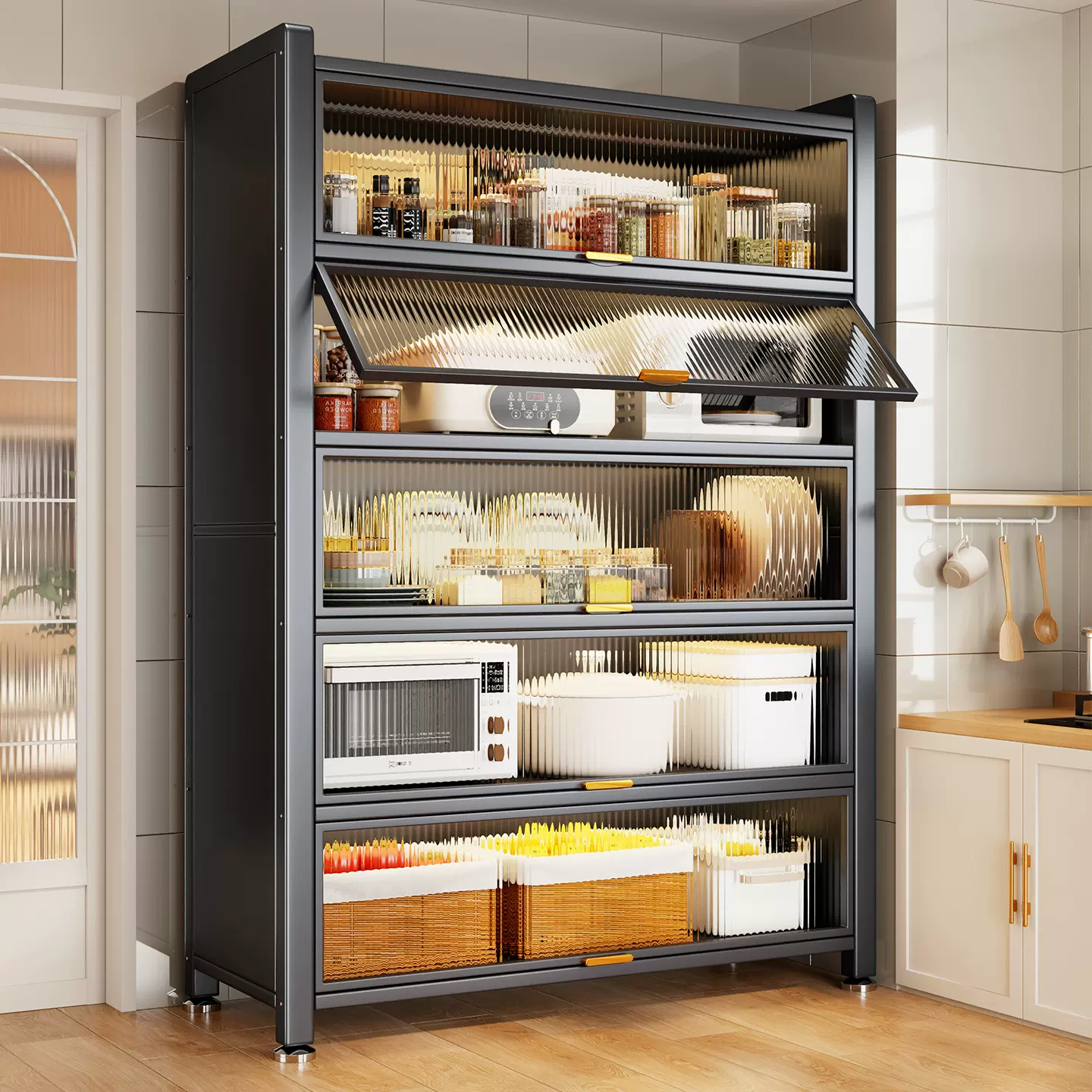 厨房置物架家用落地多层收纳柜靠墙一体式防尘柜锅具储物柜餐边柜