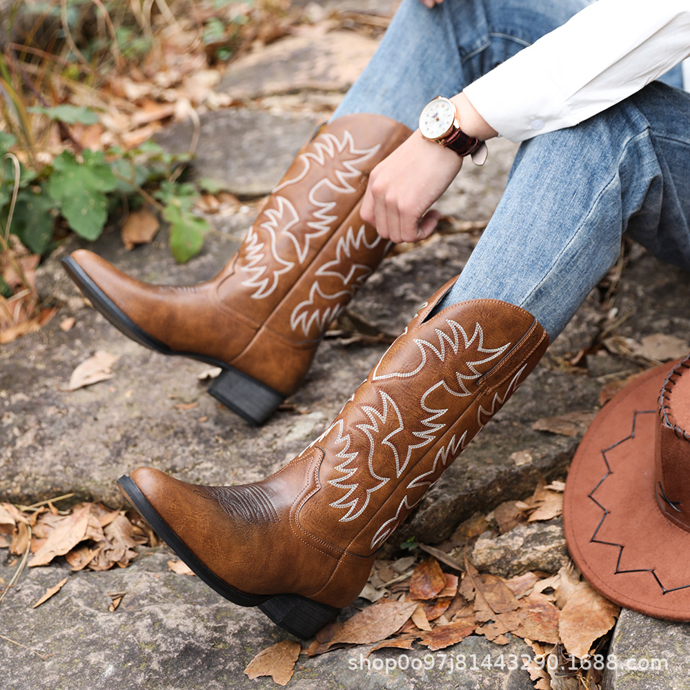 6080 High-Top Men's Leather Boots, Classic Cowboy Boots, Same-Day Shipping for Cross-Border Orders, Packaged in Opp Bags for Delivery
