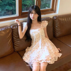 法式甜美风小飞袖碎花连衣裙女夏小个子蝴蝶结收腰在逃公主短裙子