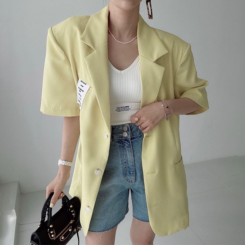 韩国chic春夏法式柠檬黄翻领字母贴布三粒扣宽松短袖西装外套女