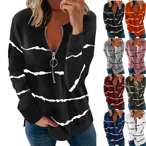 2024 Autumn/Winter Amazon Autumn Striped Zipper V-Neck Long-Sleeve Plus Size Loose Women's T-Shirt Hoodie Western Style
