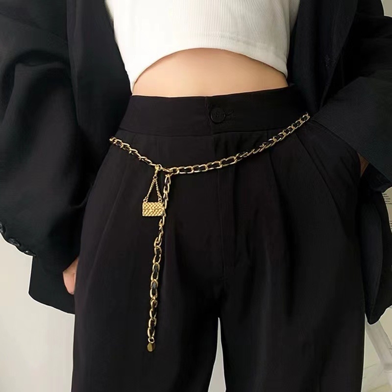 Midjekedja kvinnor med kjol metallväska haute couture utsmyckad kostym tröja kedja smalt bälte byxor_voghion.com
