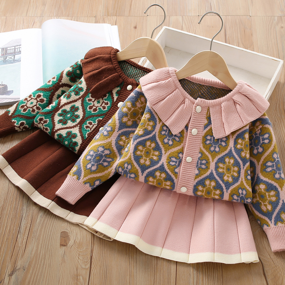 Mädchen Pullover Set 2023 Herbst/Winter Neue Koreanische Ausgabe Modische Blume Kleines Mädchen Puppe Neck Zwei Stück Rock_voghion.com