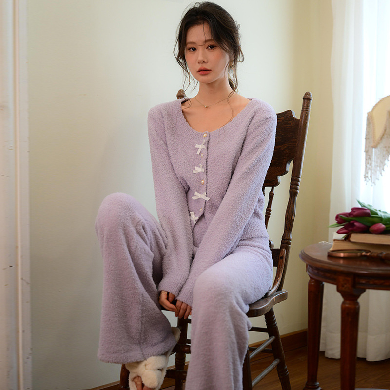 法式睡衣女新款2025秋冬双面绒加绒加厚保暖圆领开衫家居服可外穿|undefined