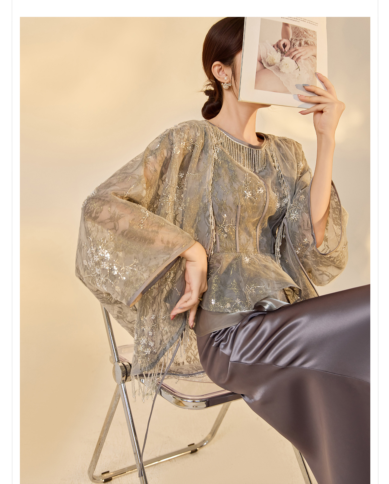 Set áo khoác jacquard thêu kim tuyến và chân váy phong cách Trung Hoa mới mùa hè — Màu xám nửa váy, Trang chủ chi tiết 3