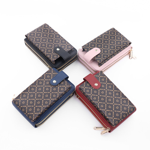 Double zipper mobile phone bag women's new diagonal large capacity single shoulder small shoulder bag vertical style contrasting color three-layer women's long wallet