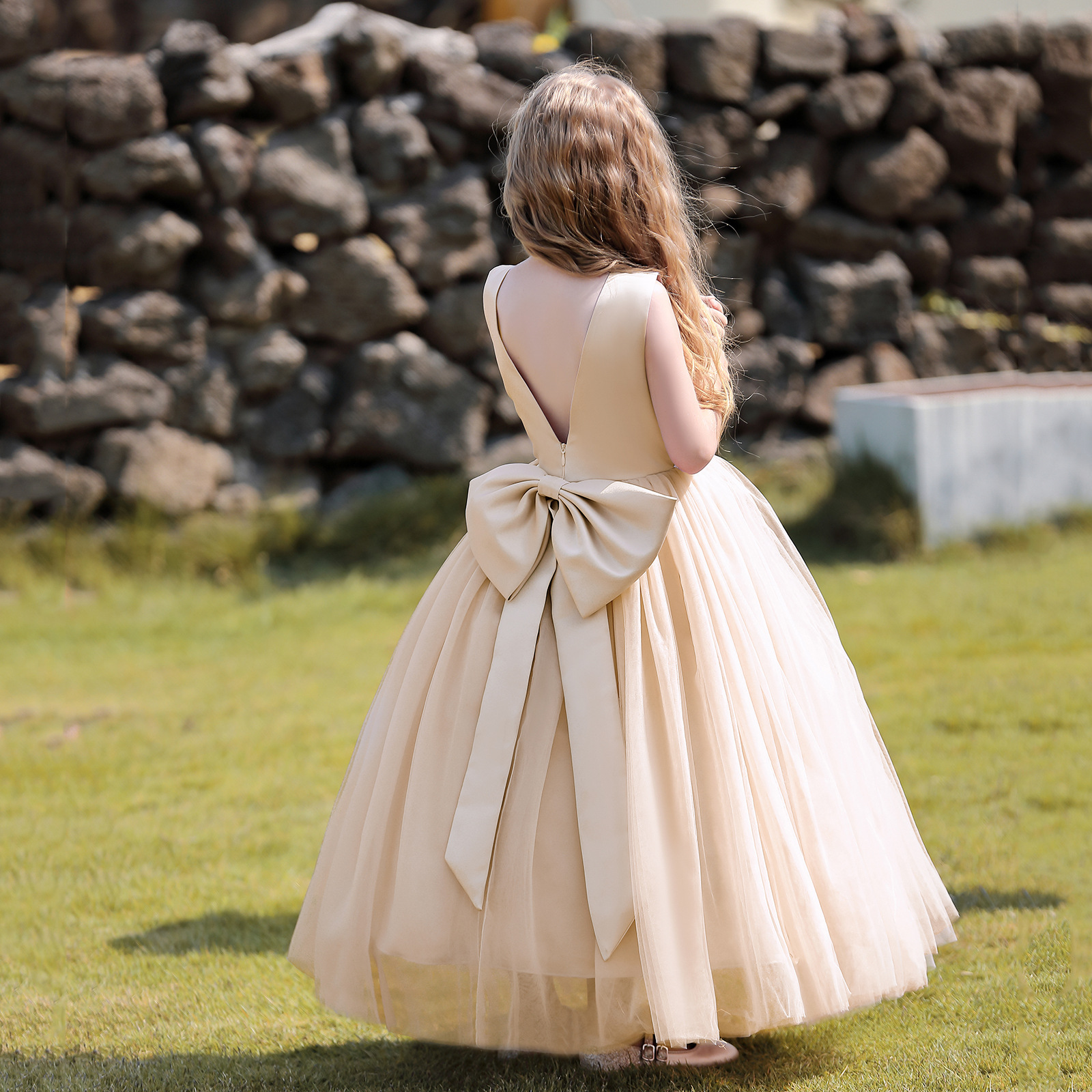 thumbnail image 2 of Vestido de noche para niña con lazo grande sin espalda, vestido de gasa esponjosa para niña, vestido de princesa, vestido de niña de las flores para boda, 2 of 6