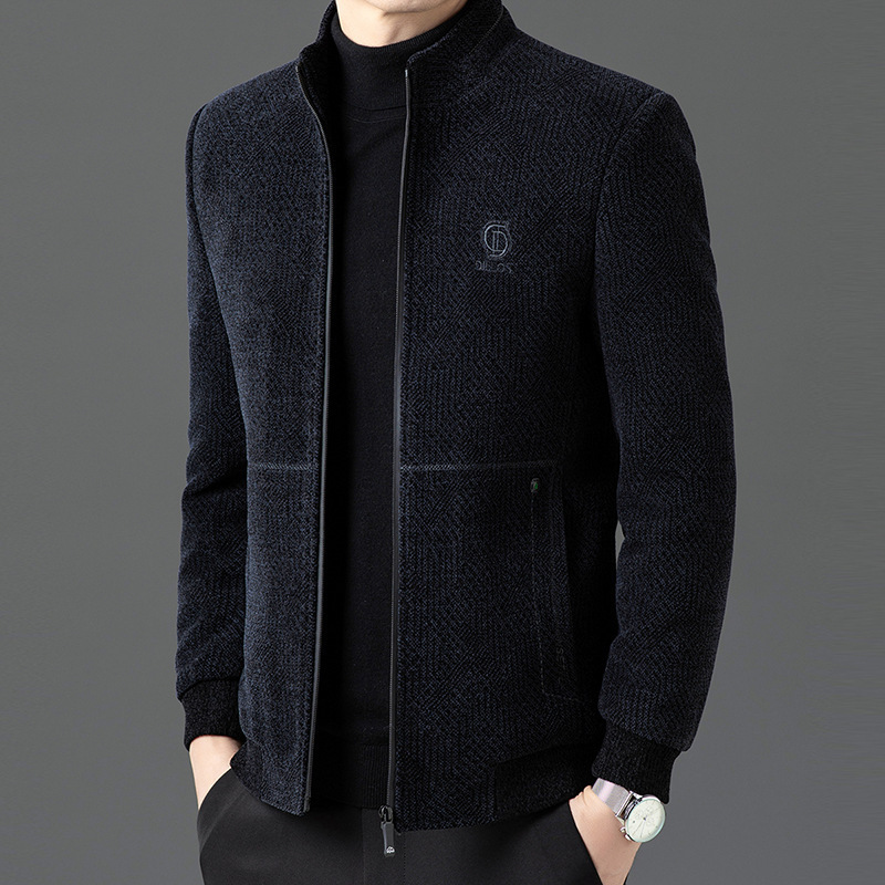High-End Men's Jacket for Middle-Aged Men, New Chenille Casual Stand-Up Collar Jacket for Autumn and Winter