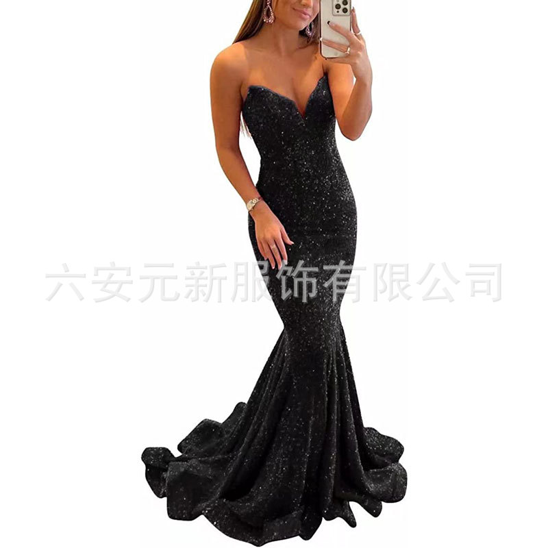 Europeo y americano Comercio exterior Amazon nuevo lentejuelas fishtail sexy V-cuello adelgazamiento largo banquete bola fiesta vestido de noche image 11