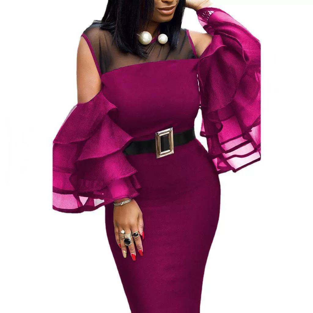 Robe à manches en feuille de lotus pour femme_voghion.com